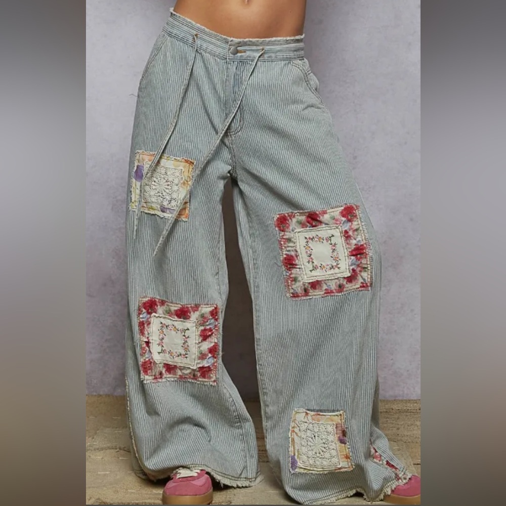 POL Blue Patchwork wide leg Jeans